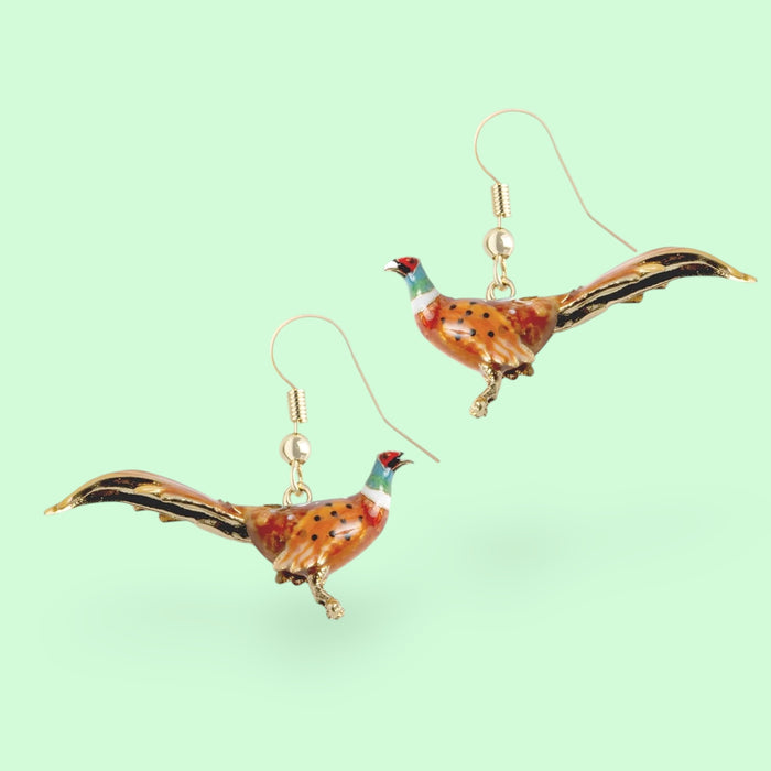 Pheasant drop earrings by Bill Skinner
