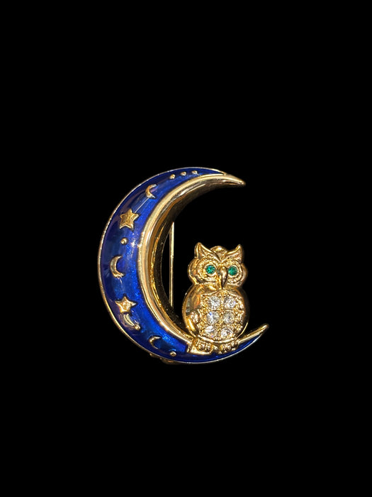 Vintage owl in the moon  blue enamel brooch