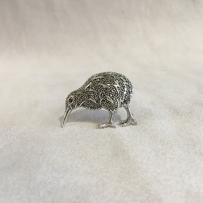 Kiwi Brooch Silver Marcasite Pendant Necklace