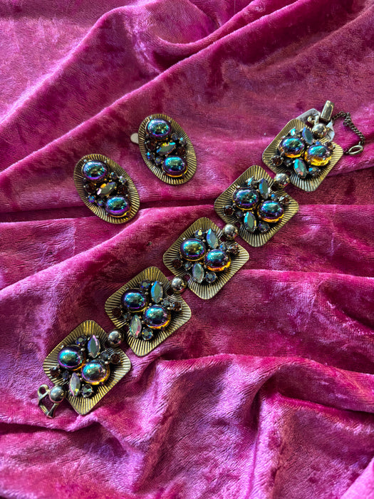 Vintage Schiaparelli iridescent glass clip on earrings