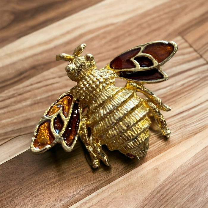 Vintage Golden Bee Brooch Amber Enamel Wings