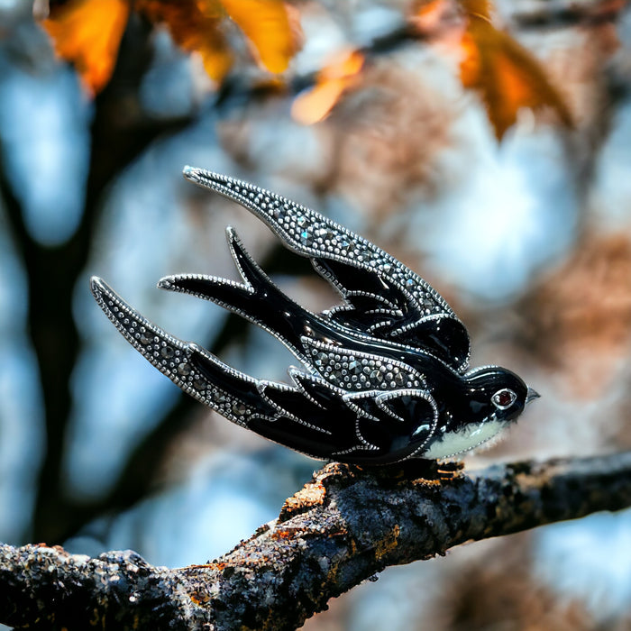 Black White enamel Bird Brooch silver Marcasite