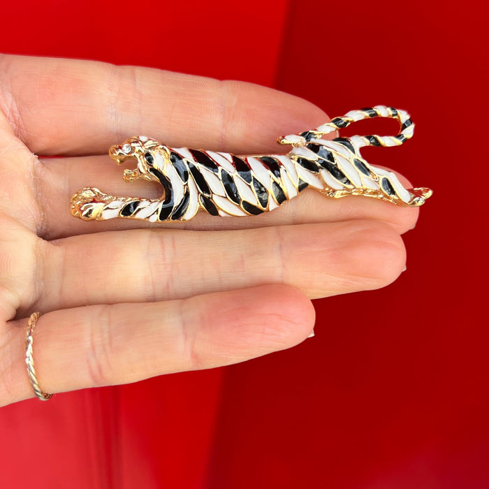 Vintage Tiger Brooch Black And White Enamel Gold Plated