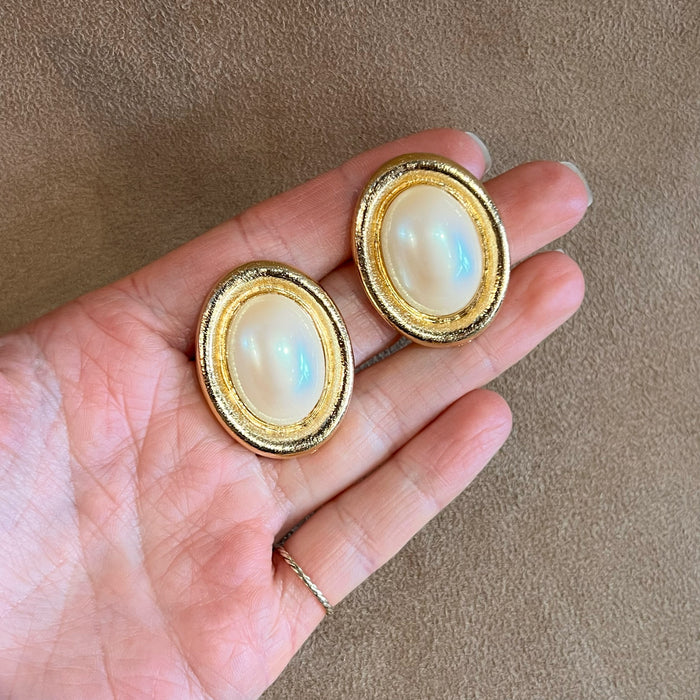 Pearl and Gold Vintage Statement Clip on Earrings