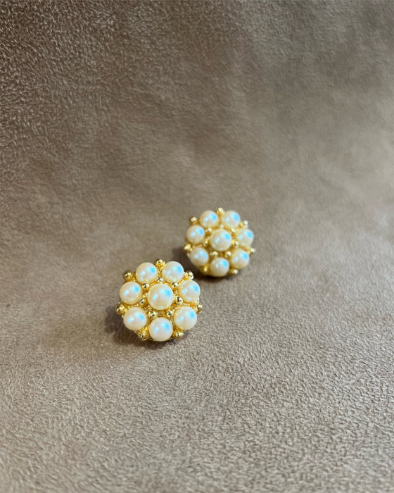 Pearl and Gold Vintage Statement Round Pierced Earrings