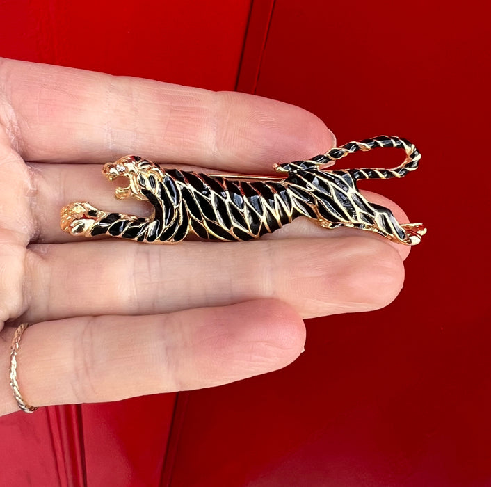 Vintage Tiger Brooch Black Enamel Gold Plated