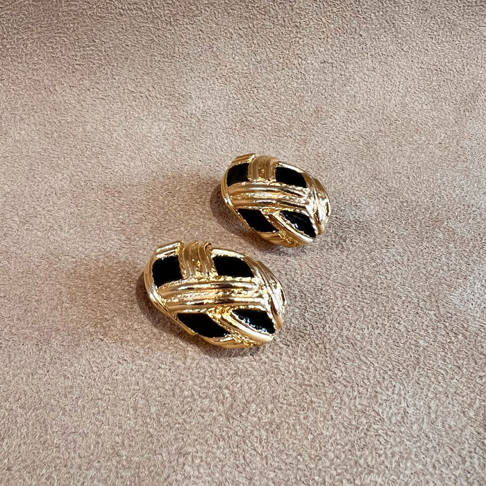 Vintage Black Enamel Gold Plated  Half Hoop Clip on Earrings