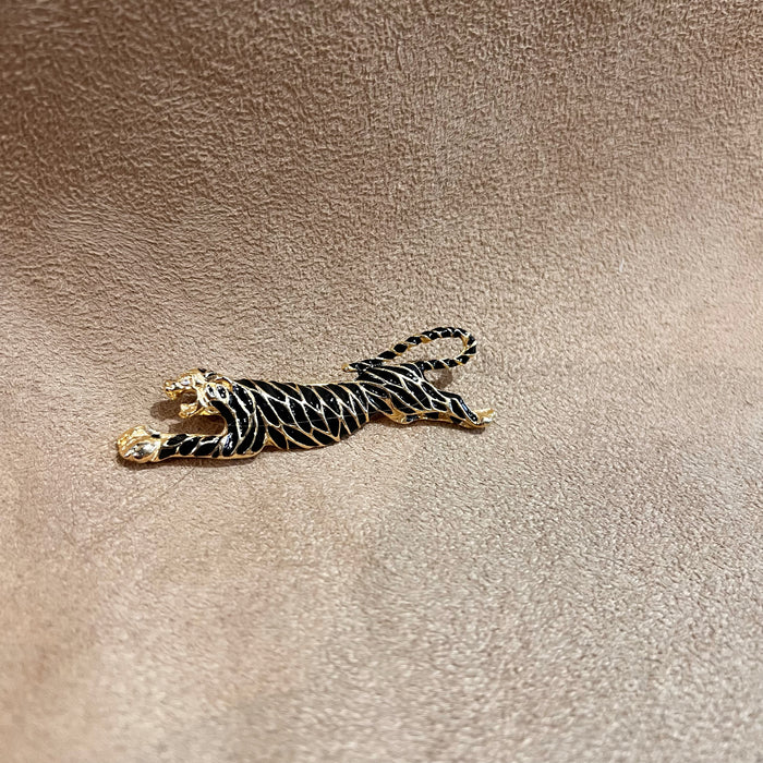 Vintage Tiger Brooch Black Enamel Gold Plated