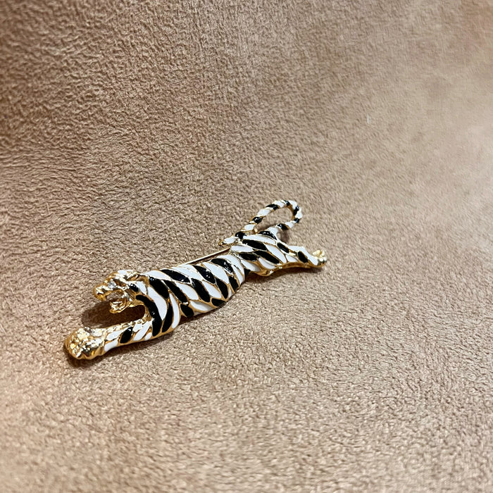 Vintage Tiger Brooch Black And White Enamel Gold Plated