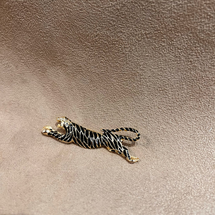 Vintage Tiger Brooch Black Enamel Gold Plated