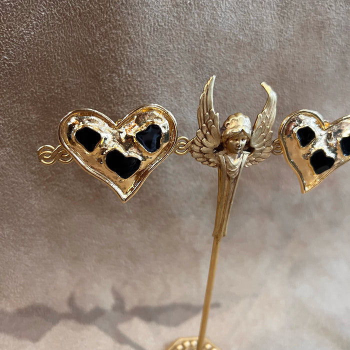 Vintage Black Enamel Gold Plated  Heart Clip on Earrings