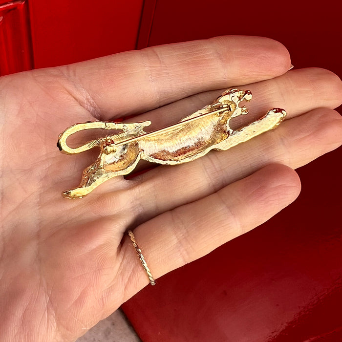 Vintage Tiger Brooch Black And White Enamel Gold Plated