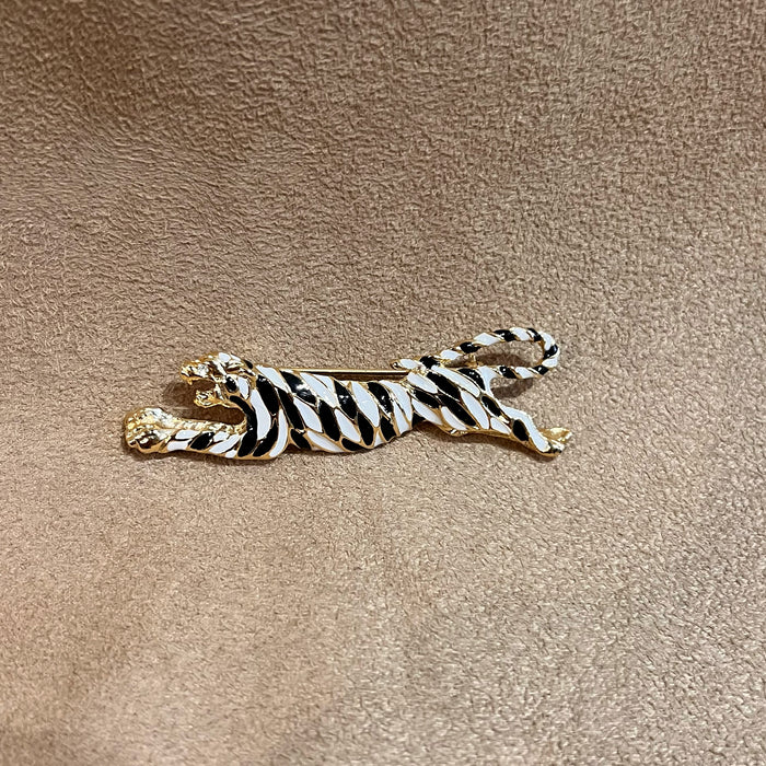 Vintage Tiger Brooch Black And White Enamel Gold Plated