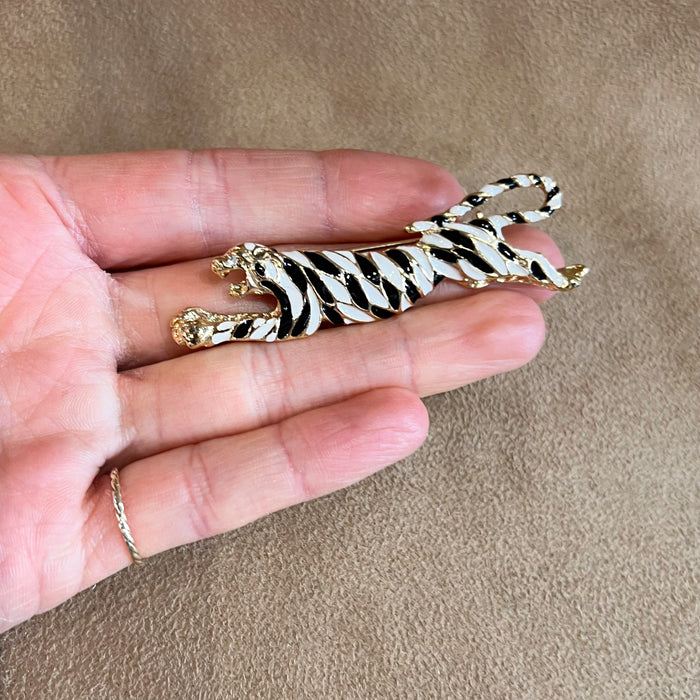 Vintage Tiger Brooch Black And White Enamel Gold Plated
