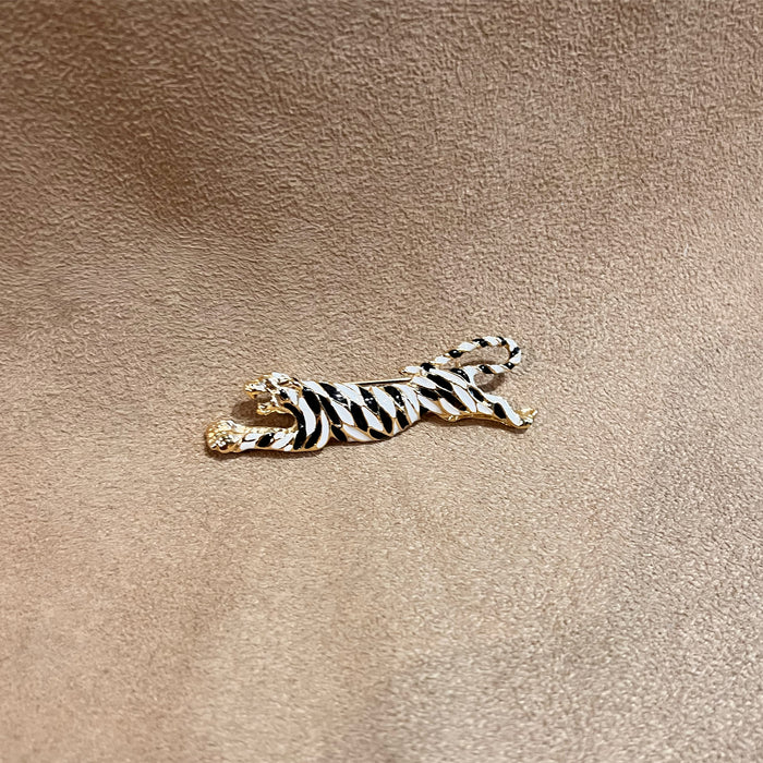 Vintage Tiger Brooch Black And White Enamel Gold Plated