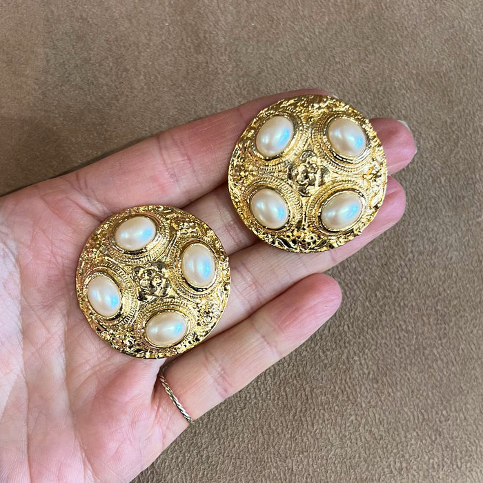 Pearl and Gold Vintage Statement Clip on Earrings 012