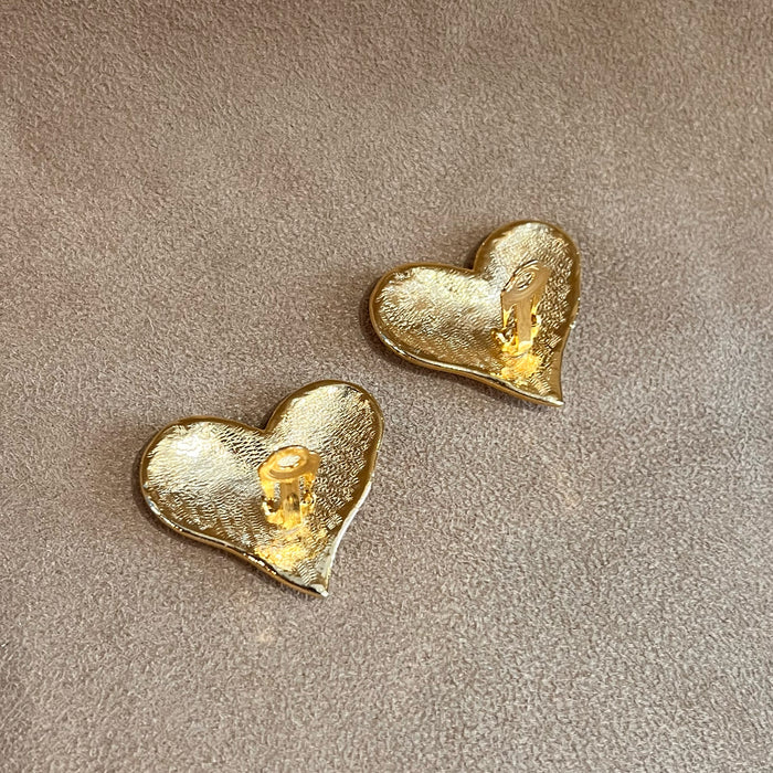 Vintage Black Enamel Gold Plated  Heart Clip on Earrings