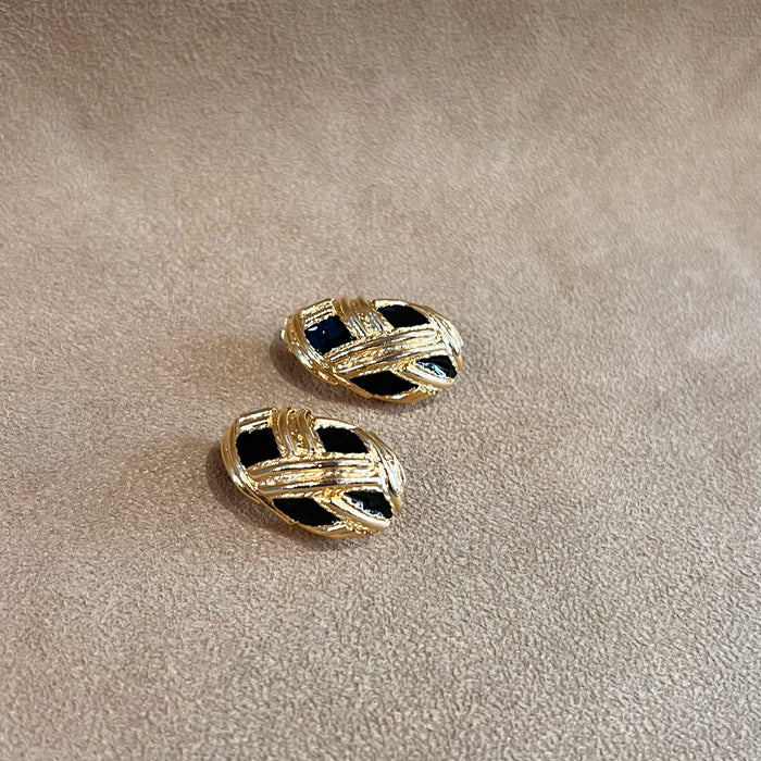 Vintage Black Enamel Gold Plated  Half Hoop Clip on Earrings