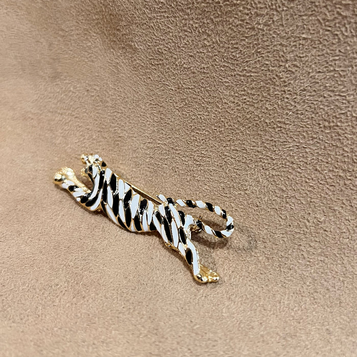 Vintage Tiger Brooch Black And White Enamel Gold Plated