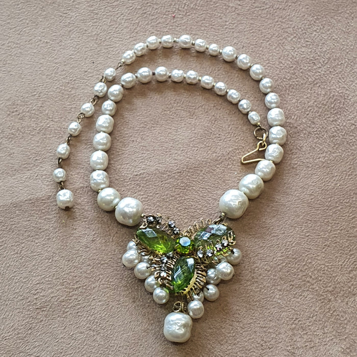Miriam Haskell Vintage Necklace Pearl Green Glass - The Hirst Collection