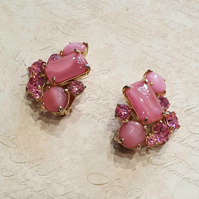 Schiaparelli Vintage Pink Glass Crystal Clip on Earrings - The Hirst Collection