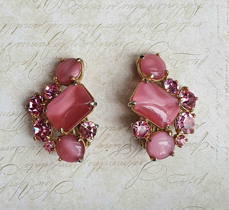 Schiaparelli Vintage Pink Glass Crystal Clip on Earrings - The Hirst Collection