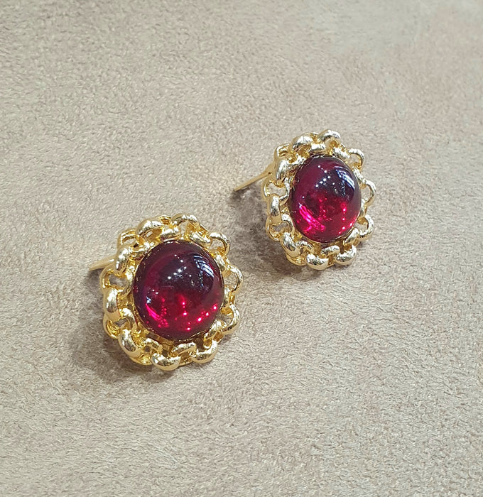Red Glass Cabochon rope trim Clip on Vintage Earrings - The Hirst Collection