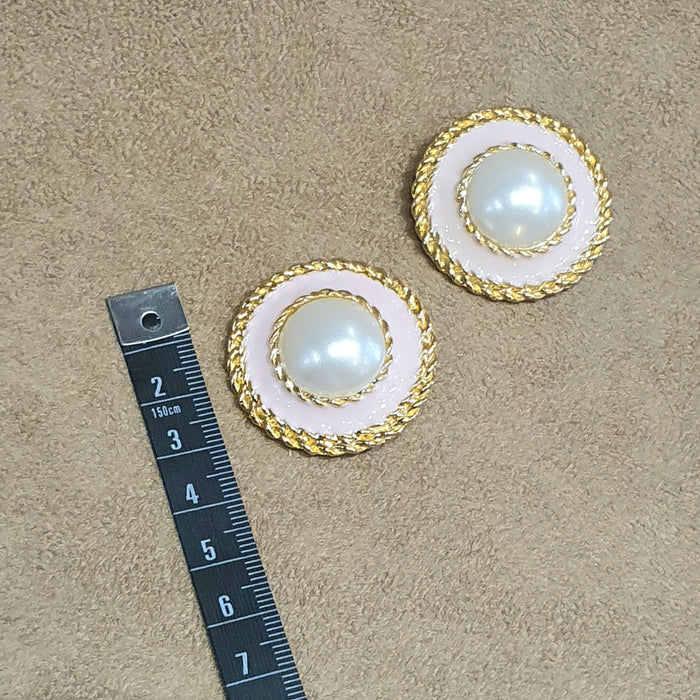 Vintage Pink Enamel Faux Pearl Clips on Earrings Gold Plated
