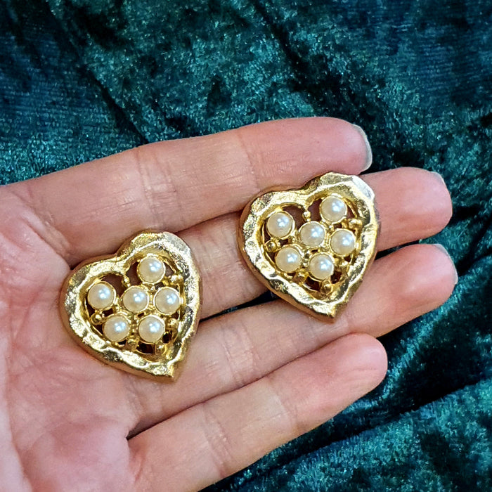 Vintage Gold Plated Heart Clip on Earrings with Pearl Stones