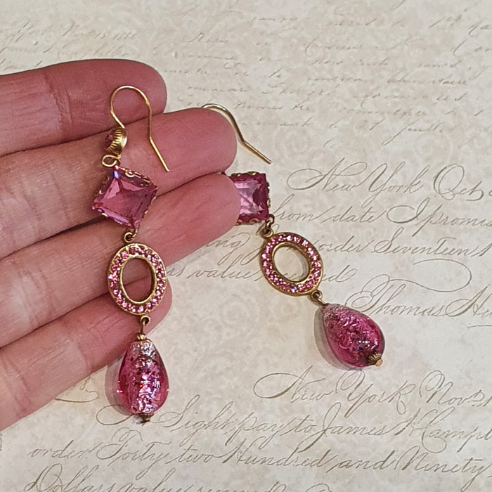 Askew London Pink Glass Drop Earrings Crystal Stone Gold Plated