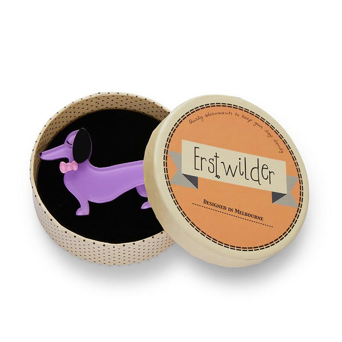 Erstwilder Spiffy the Sausage dog brooch purple 2020 - The Hirst Collection
