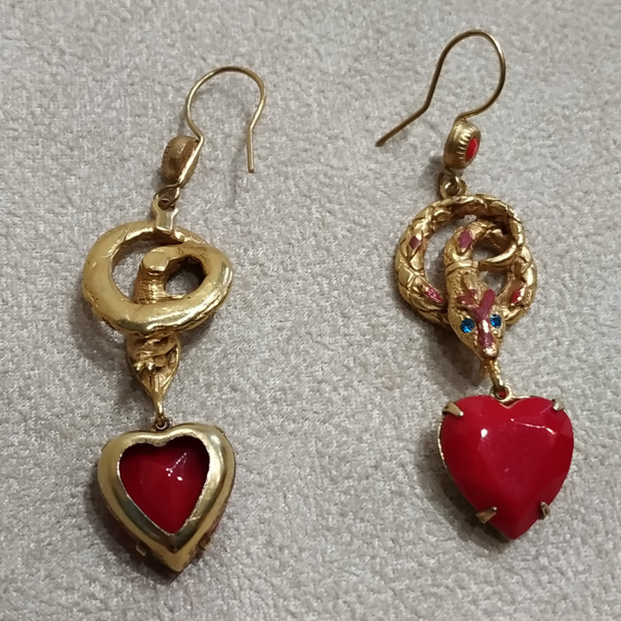 Snake Charm earrings by Askew London with red heart charms unsigned - The Hirst Collection