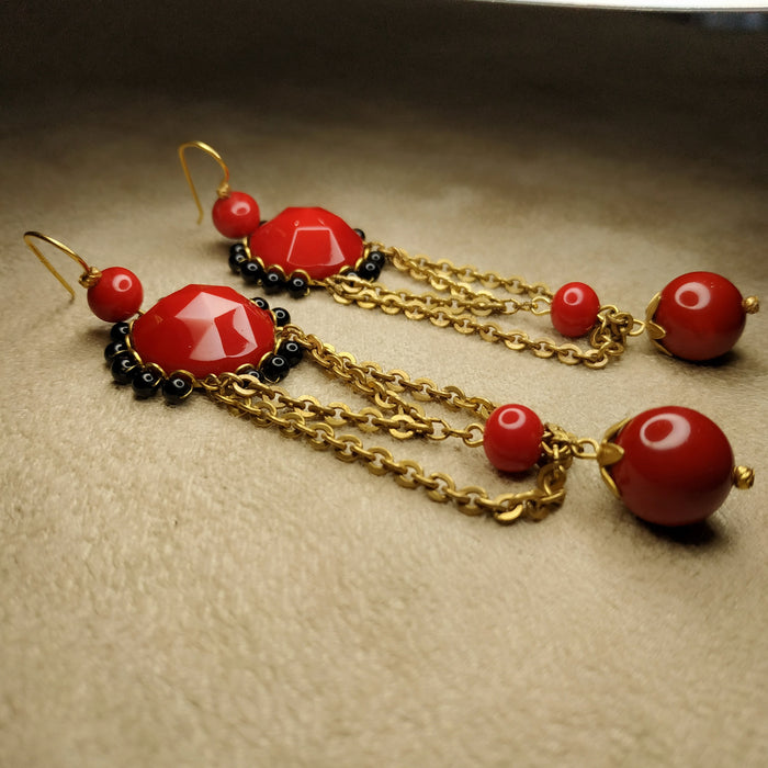 Askew London Clip on Chandleier Earrings Gold Red Statement Unsigned - The Hirst Collection