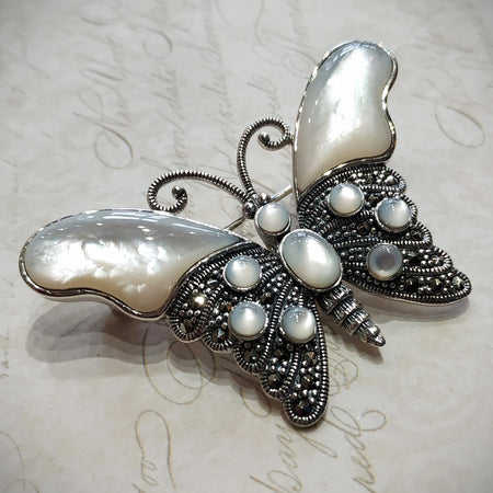 Butterfly Brooch in mother of pearl Silver Marcasite Pendant - The Hirst Collection