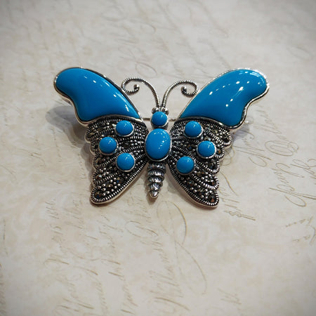 Butterfly Brooch Turquoise Silver Marcasite Pendant - The Hirst Collection