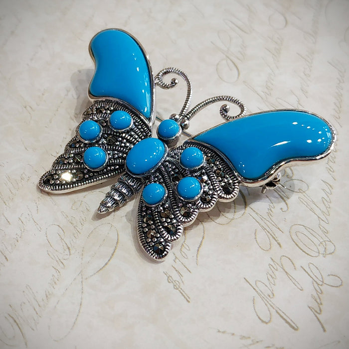 Butterfly Brooch Turquoise Silver Marcasite Pendant - The Hirst Collection