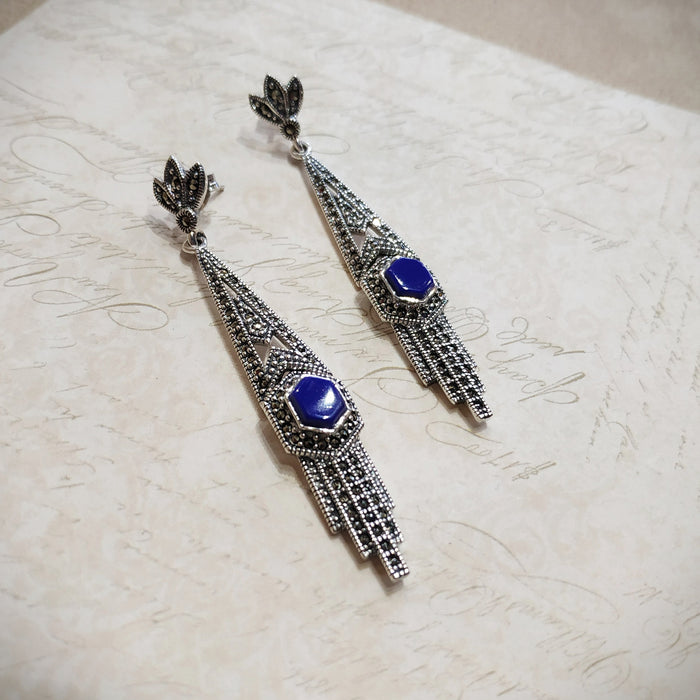 Lapis Lazuli Art Deco Articulated Earrings in Silver - The Hirst Collection