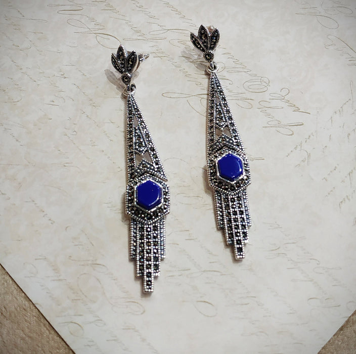 Lapis Lazuli Art Deco Articulated Earrings in Silver - The Hirst Collection