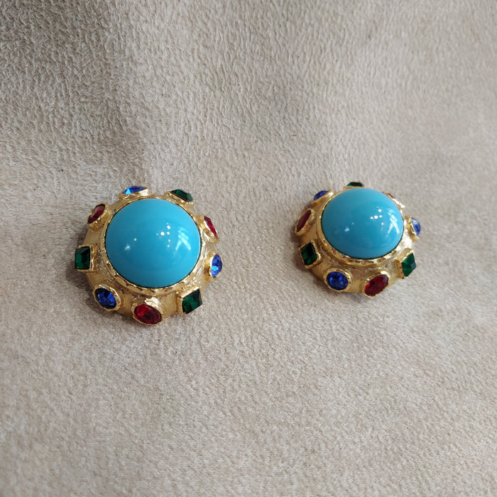 Vintage round multi colour turquoise clip on earrings - The Hirst Collection