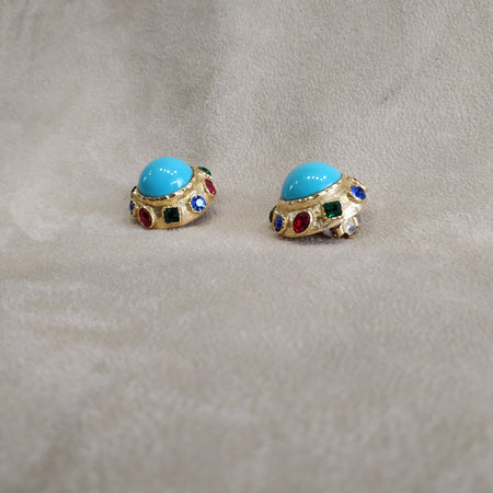 Vintage round multi colour turquoise clip on earrings - The Hirst Collection