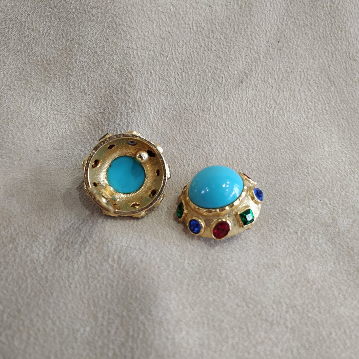 Vintage round multi colour turquoise clip on earrings - The Hirst Collection