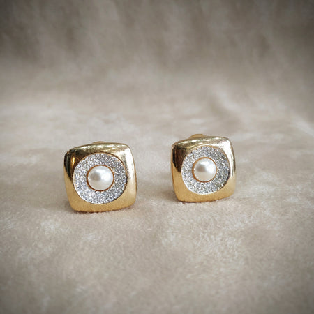 Grosse Earrings vintage gold Sqaure Pearl Crystal clip on - The Hirst Collection