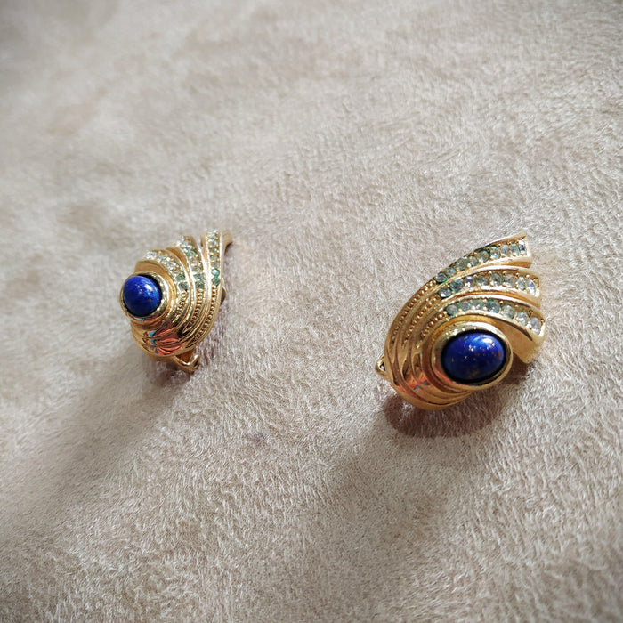 Grosse Vintage Wing Earrings Lapis Gold clip on - The Hirst Collection