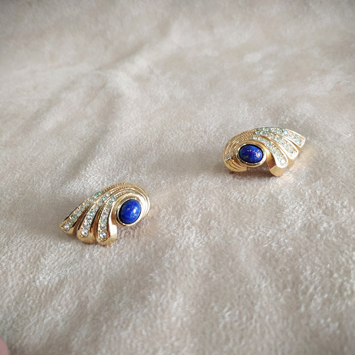 Grosse Vintage Wing Earrings Lapis Gold clip on - The Hirst Collection