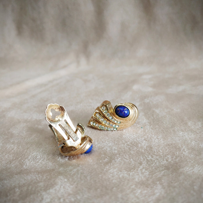 Grosse Vintage Wing Earrings Lapis Gold clip on - The Hirst Collection