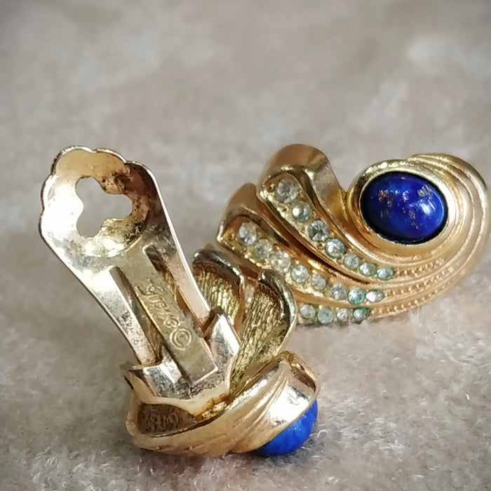 Grosse Vintage Wing Earrings Lapis Gold clip on - The Hirst Collection