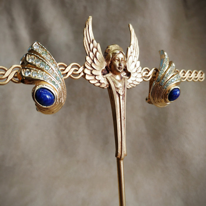 Grosse Vintage Wing Earrings Lapis Gold clip on - The Hirst Collection