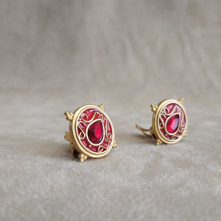 Red Round Earrings by Rima Ariss Clip On Gold - The Hirst Collection