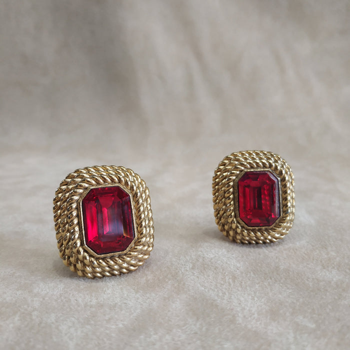 Red Square Earrings by Sphinx Clip On Gold - The Hirst Collection