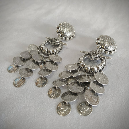 Statement vintage coin stamping drop chandelier earrings - The Hirst Collection